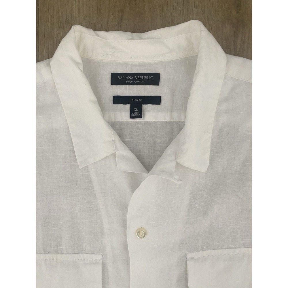Banana Republic Men XL Linen Blend Slim Fit White Short Sleeve Button Down Shirt